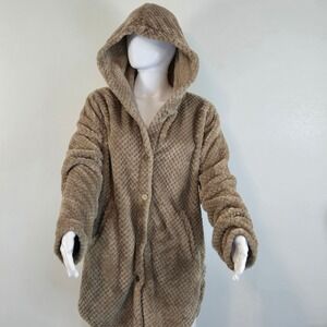 Womens Tan Brown Textured Plush Hooded Button Front Coat Jacket Size XL